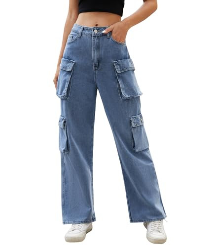 Cargo Jeans for Women High Waisted Y2k Cargo Pants Baggy Wide Leg Denim Trousers with Flap Pockets | Amazon (US)