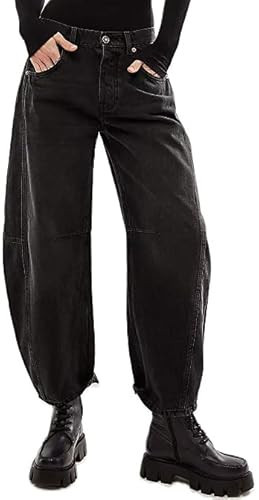 Barrel Jeans Women Vintage Baggy Boyfriend Denim Jeans Casual Mid Rise Wide Leg Horseshoe Pants Y2k Tapered Jeans Black | Amazon (US)