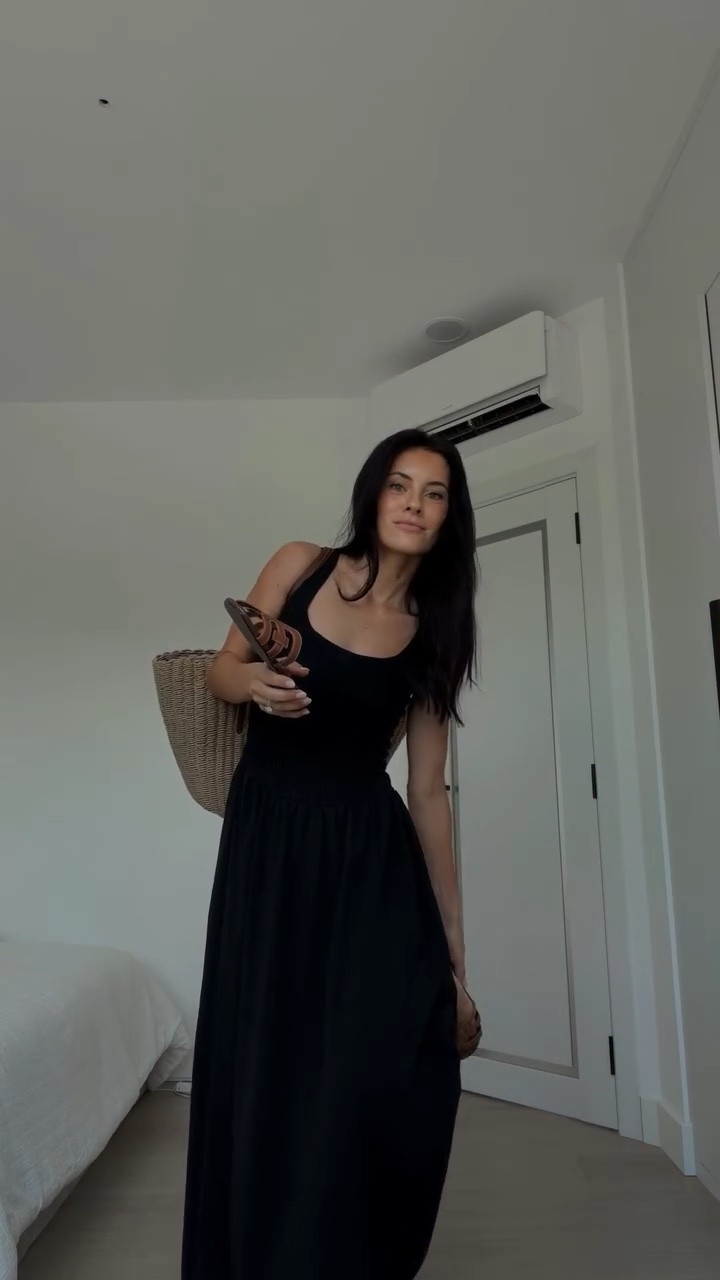 Black dress. Summer sandals. Straw bag. Europe outfit.