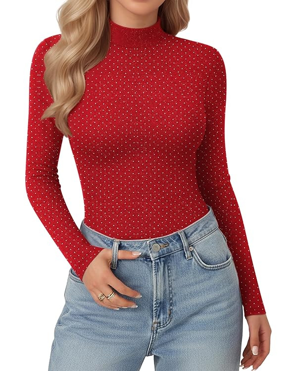MANGOPOP Women Mock Turtle Neck Long Sleeve Shirts Sparkly Sequin Rhinestone Tops Fall Outfits Fa... | Amazon (US)