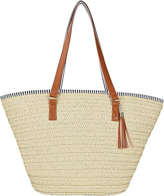 Womens Large Straw Shoulder Bag Beach Tote Handbag Purse with Tassel for Summer | Amazon (US)