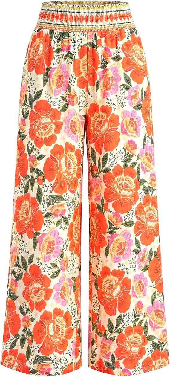 BTFBM Floral Summer Wide Leg Pants Woman 2026 | Boho Lightweight Palazzo Pant, Smocked Waist, Poc... | Amazon (US)