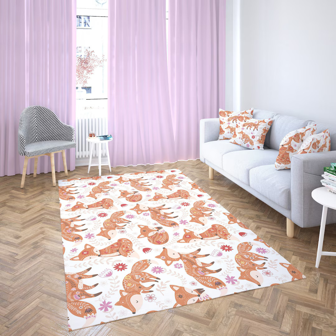 Cute Fox Nursery Rug for Children's Room, Floral Folk Fox Rugs for Bedroom Aesthetic, Kids Animal... | Etsy (US)