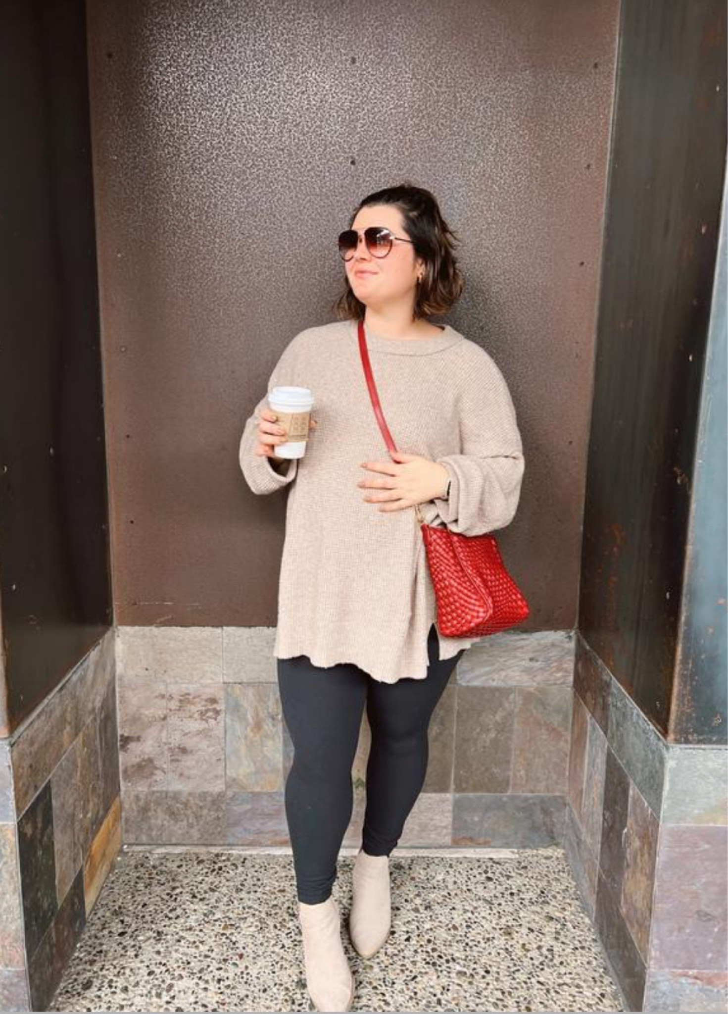 If only the weather would cooperate enough that I could live in oversized sweaters and leggings until this baby comes that would make me a very happy pregnant woman! Wearing this old sweater from Aerie I bought in 4 different colors when I was pregnant with Linley. Linking oversized Aerie sweaters from this year - a lot on sale! I’m wearing an XL. Wearing my lululemon leggings still in size 10 (going strong still). And my new favorite red bag from Anthropologie that can be worn many ways!

#LTKbump #LTKSeasonal #LTKmidsize