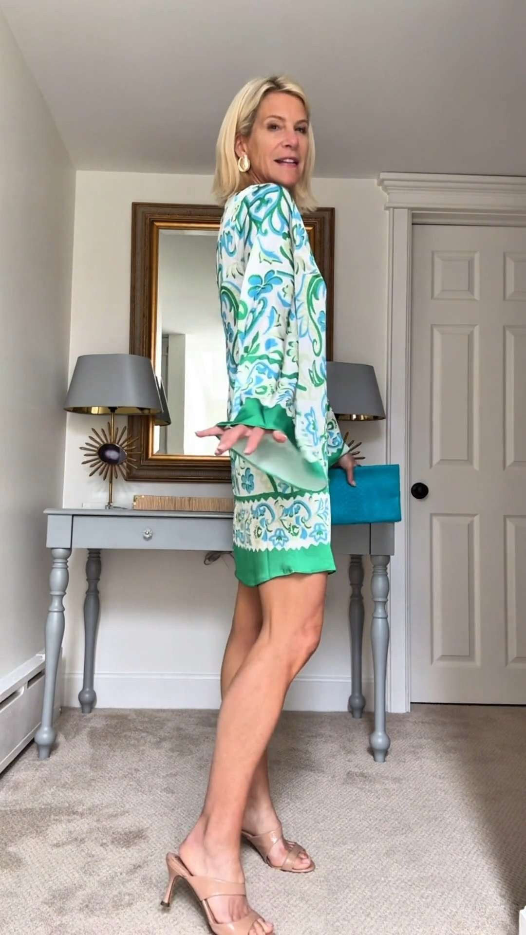 Colorful green and blue printed mini dress with statement sleeves styled for summer parties, vacation dinners, and beach resorts.  

 #LTKootd #LTKSeasonal #LTKOver40