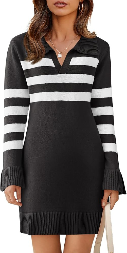 Saodimallsu Womens Striped Sweater Dress V Neck Collared Long Sleeve Slim Fit Ribbed Knit Trendy ... | Amazon (US)
