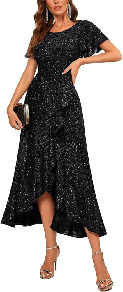 Women Glitter Formal Party Dress Short Sleeve Elegant Wedding Guest Cocktail Long Evening Dress | Amazon (CA)