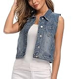 Wudodo Womens Denim Jean Vest Classic Cropped Distressed Spread Collar Sleeveless Jean Jacket Blue | Amazon (US)