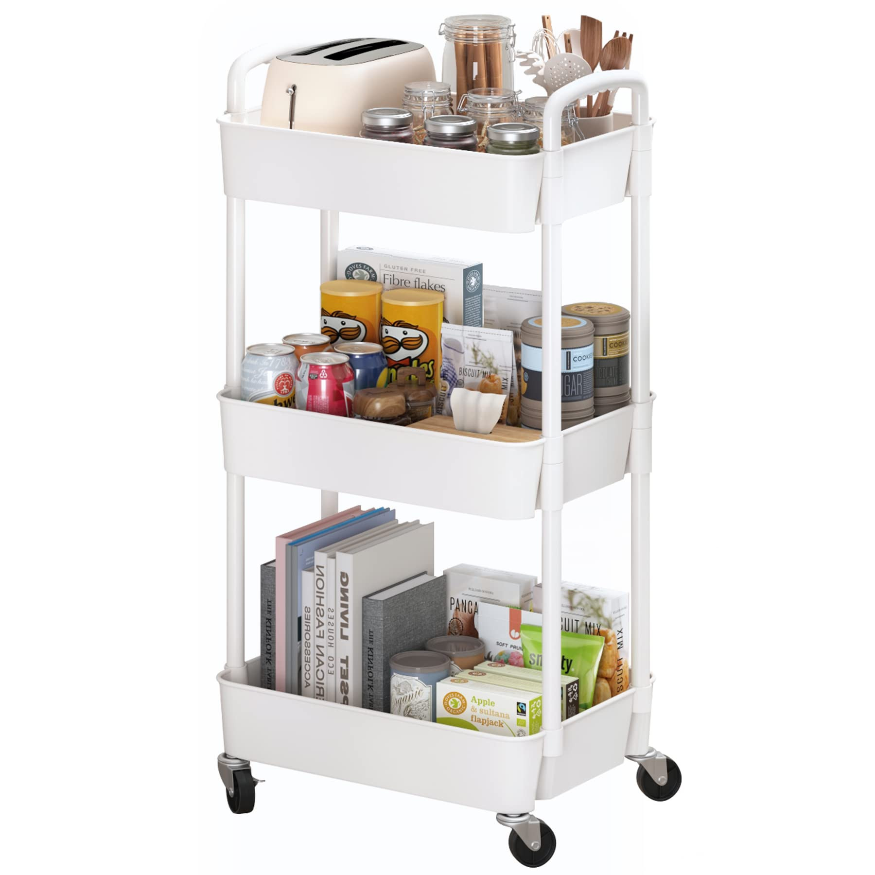 Sywhitta 3-Tier Plastic Rolling Utility Cart with Handle, Multi-Functional Storage Trolley for Of... | Amazon (US)
