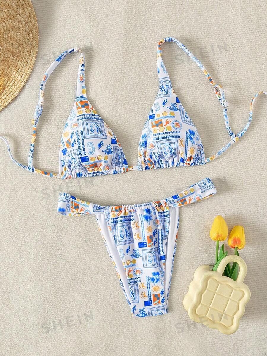 SHEIN Swim Summer Beach Women Vacation Full Print Bikini Set | SHEIN