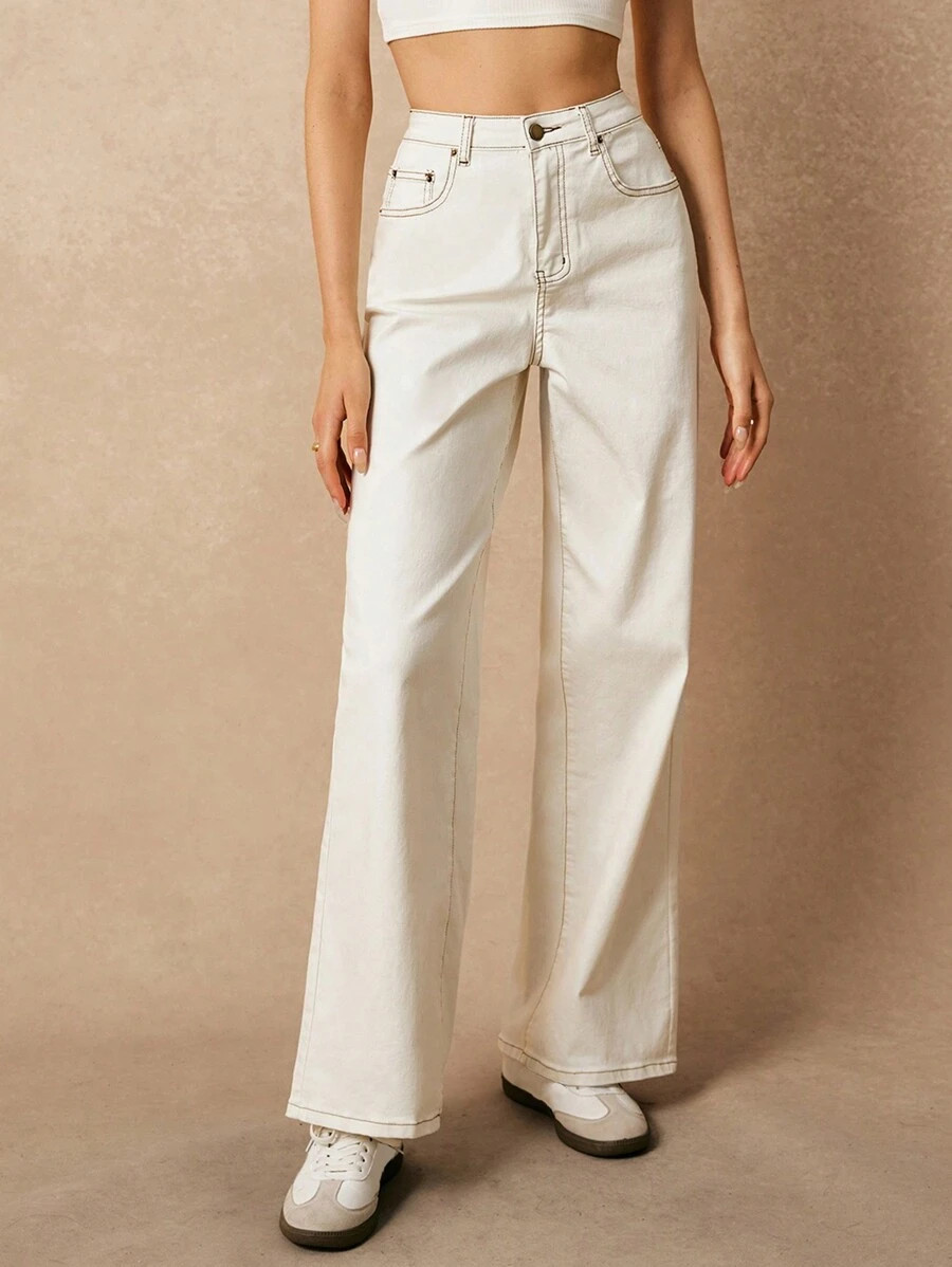 Poéselle Women's Simple Front Button Pocket Denim Jeans,White Jeans,Jeans Women ,Pants Women,Bag... | SHEIN