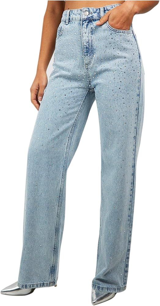 Women's Jeans Pant High Waist Straight Leg Rhinestone Denim Pants Tummy Control Vintage Wash Trou... | Amazon (US)