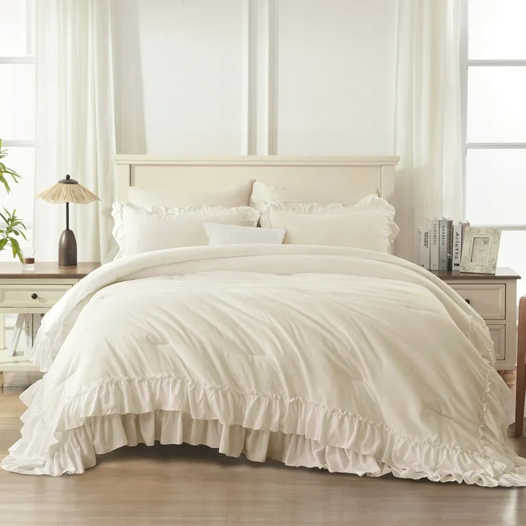 ANGENIA Queen Size Beige Comforter Set - 3 Pieces Soft Fluffy Ruffle Bedding Comforter Sets for Q... | Walmart (US)