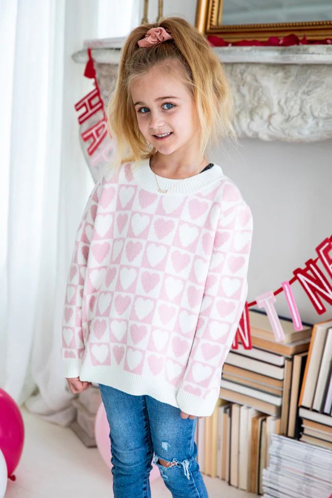 Kid's Loving You Is Easy Pink Checkered Heart Sweater | Pink Lily