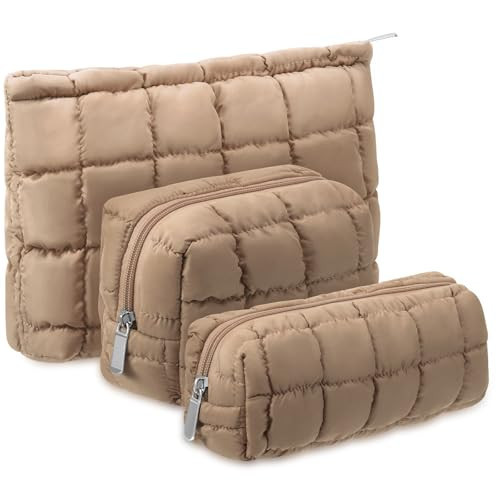 Huhumy 3 Pcs Puffy Makeup Bag Quilted Cosmetic Pouch for Women Cute Checkered Travel Toiletry Bag Puffer Makeup Organizer Purse Pouch Preppy Pencil Case with Zipper (Brown) | Amazon (US)