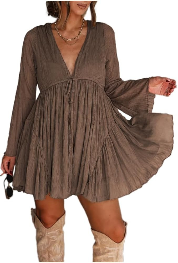 Womens 2025 Casual Long Sleeve Mesh Babydoll Dress for Party Fall Cute Western Flowy Mini Dress | Amazon (US)