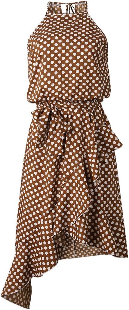 ECOWISH Womens Boho Polka-dot Tie Waist Irregular Cocktail Midi Dress Sleeveless Halter Neck Sexy... | Amazon (US)