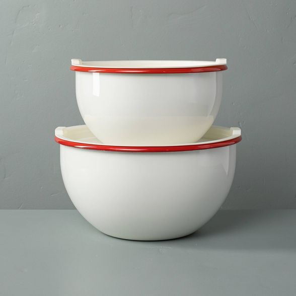 2pk Enamel Serve Bowls with Lids Red/Cream - Hearth & Hand™ with Magnolia | Target