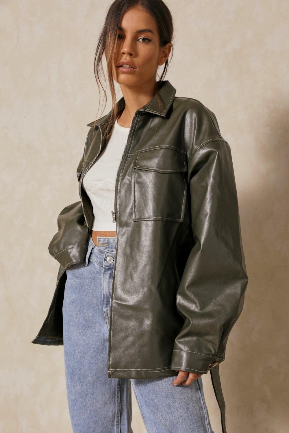 Double Pocket Detail Leather Look Jacket | Miss Pap UK