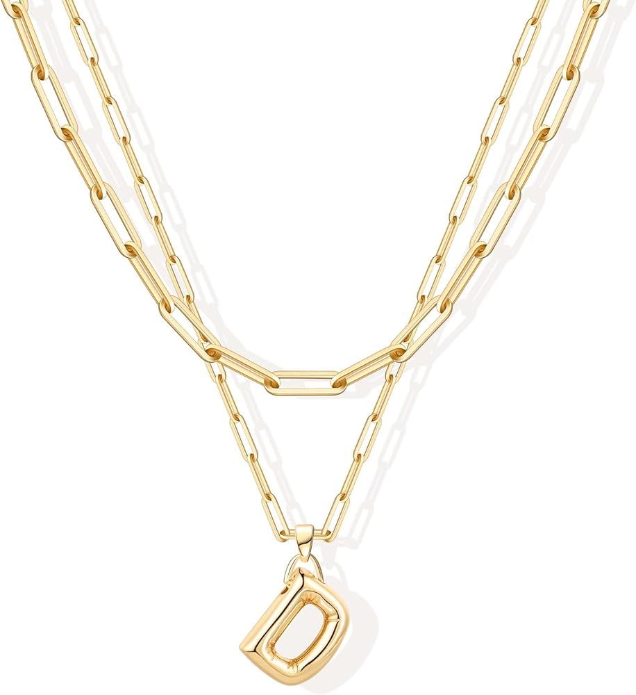 Bubble Letter Necklace for Women Girls Balloon Initial Layered Necklaces 14K Gold Plated Chunky A... | Amazon (US)