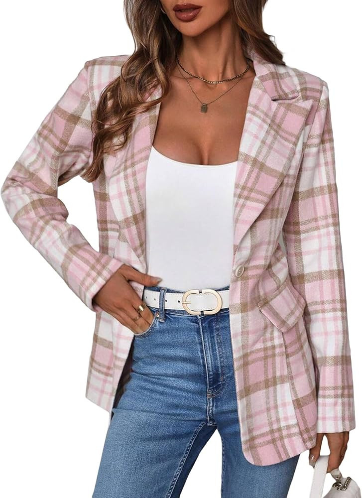 Mina Self 206 Spring Women's Flannel Plaid Blazer Jacket - Fully-Lined Soft Slim Lightweight Casu... | Amazon (US)