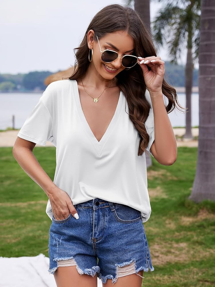 UNCLECAT Womens Deep V-Neck T Shirts Sexy Short Sleeve Tops Summer Oversized Tee | Amazon (US)