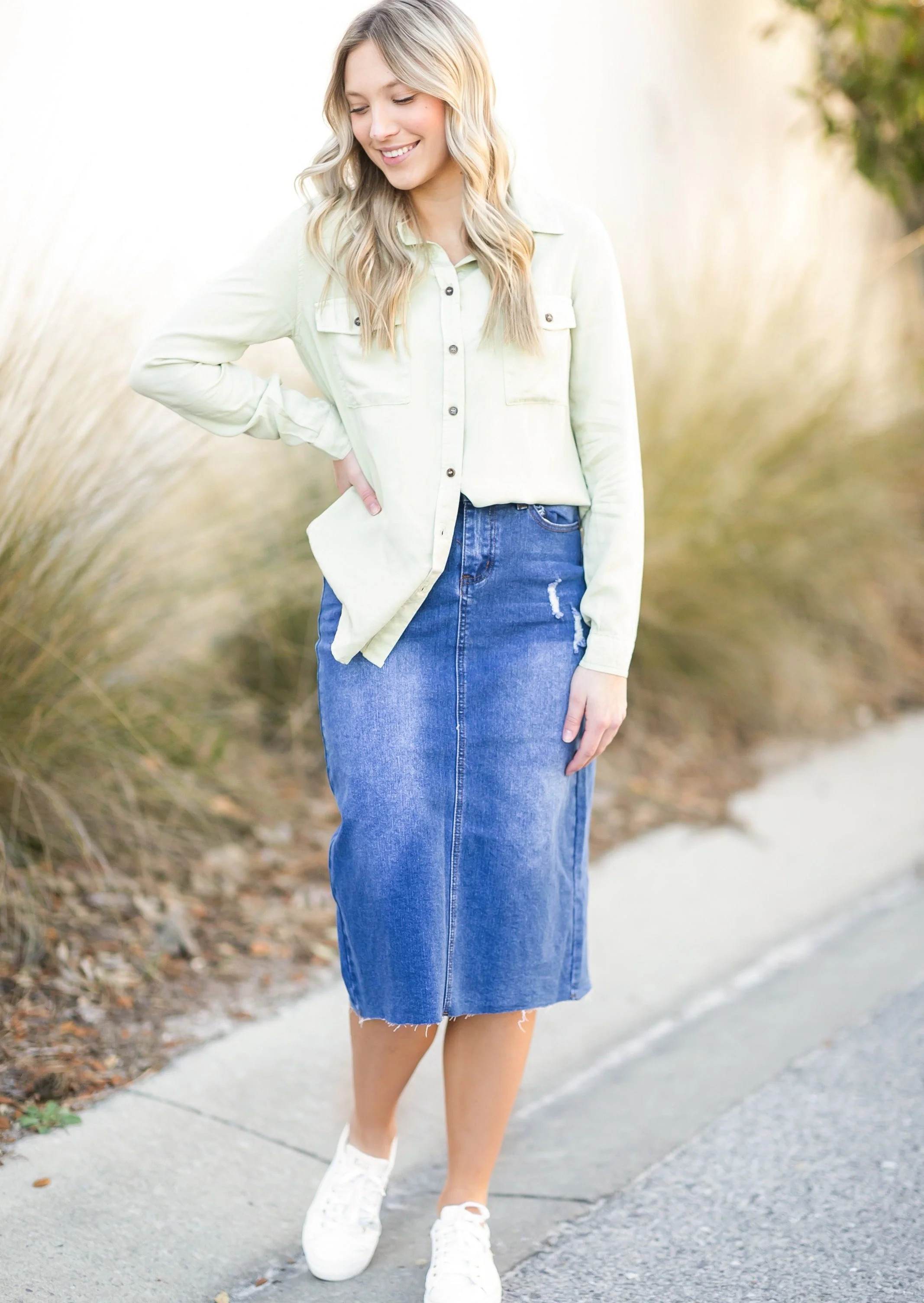 Remi Raw Hem Light Wash Midi Skirt | Inherit Clothing Co.