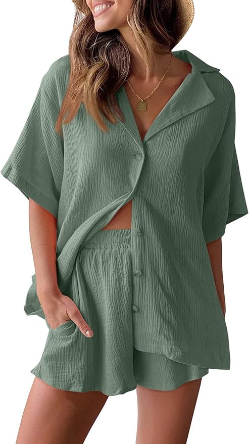 AUTOMET 2 Piece Outfits For Women Lounge Sets Pajama Sets Long Sleeve Button Down Oversized Shirt... | Amazon (US)