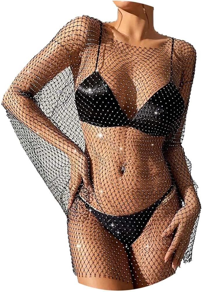 Fstrend Crystal Mesh Body Chains Rhinestone Fishnet Black Crop Top Long Sleeves See Through Bikin... | Amazon (US)