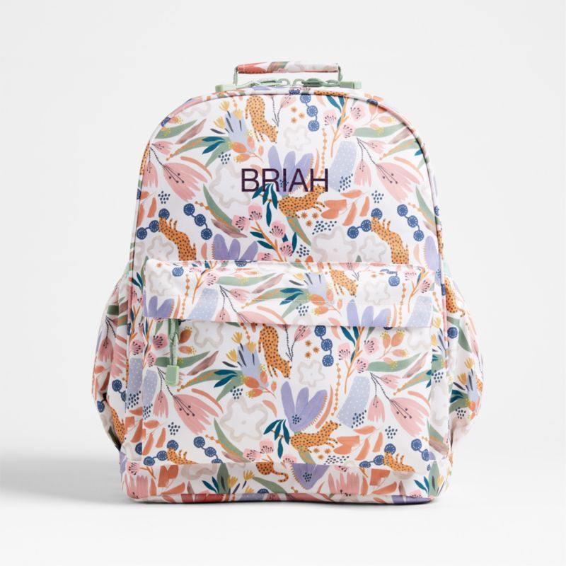 Leopard Floral Personalized Large Kids School Backpack with Side Pockets + Reviews | Crate & Kids | Crate & Barrel