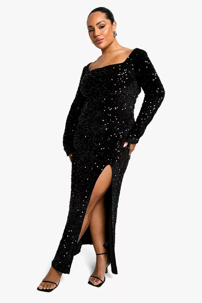 Plus Sequin Velvet Split Maxi Dress | boohoo (US & Canada)