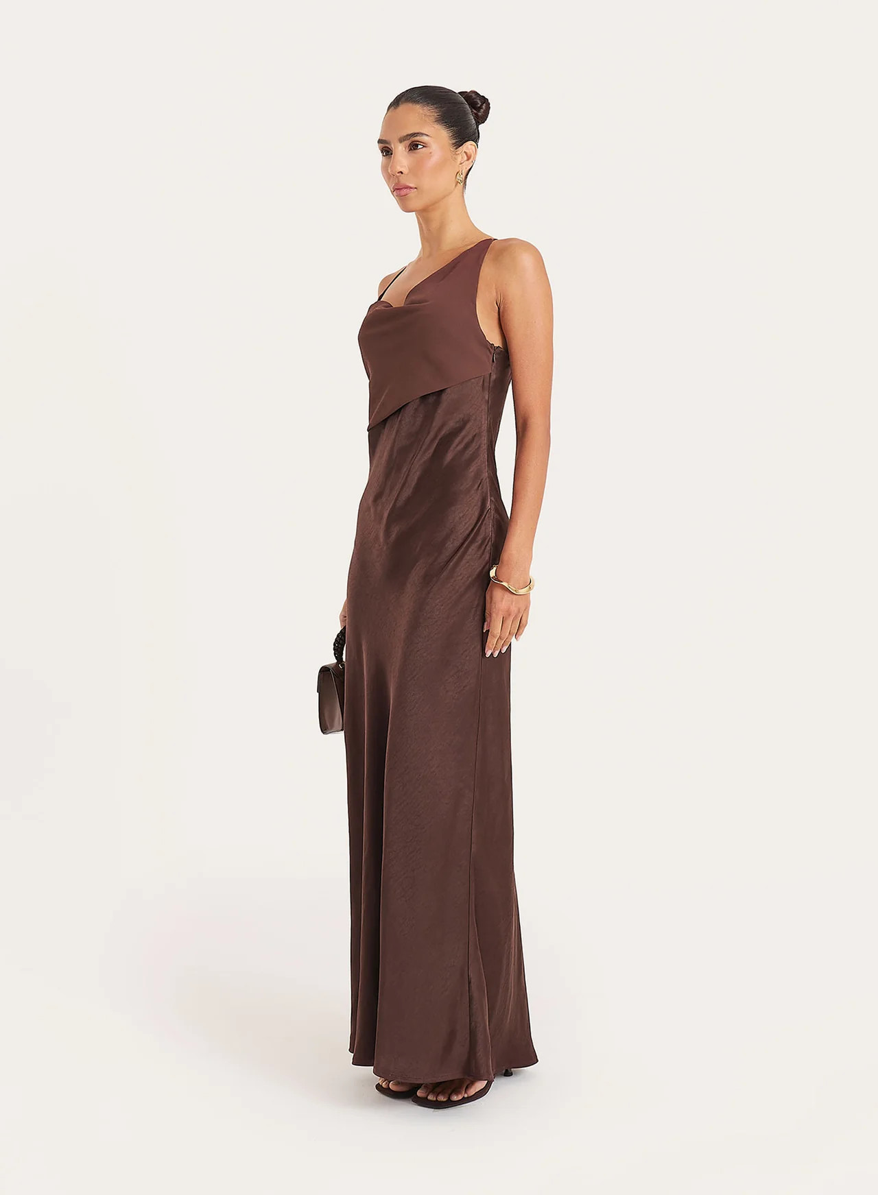 Women's Chocolate Cowl Neck Satin and Chiffon Maxi Dress | Klaudia | 4th & Reckless | 4th & Reckless