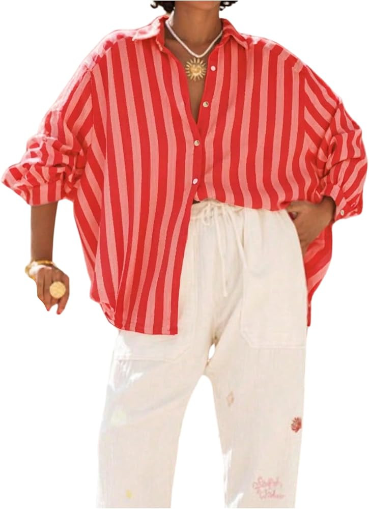 Verdusa Women's Fall Clothes Old Money Business Tops Striped Button Blouse Long Sleeve Oversized ... | Amazon (US)