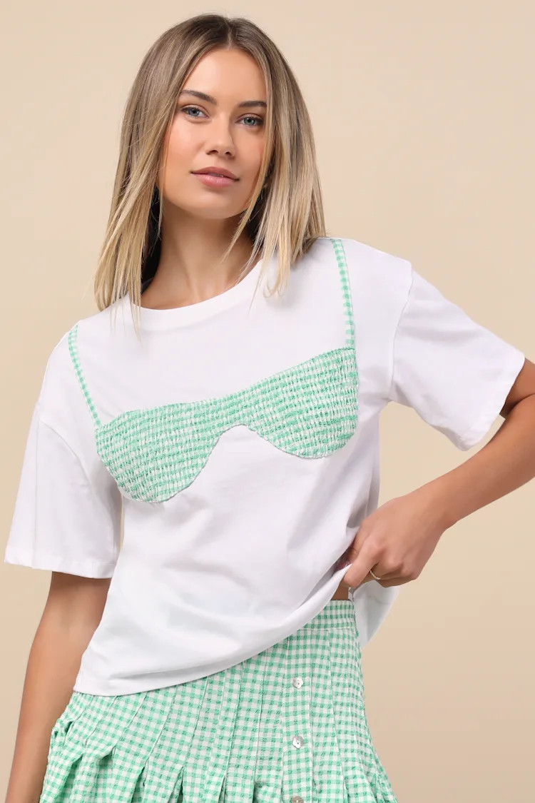 Natalia White and Green Gingham Bikini Top Tee | Lulus