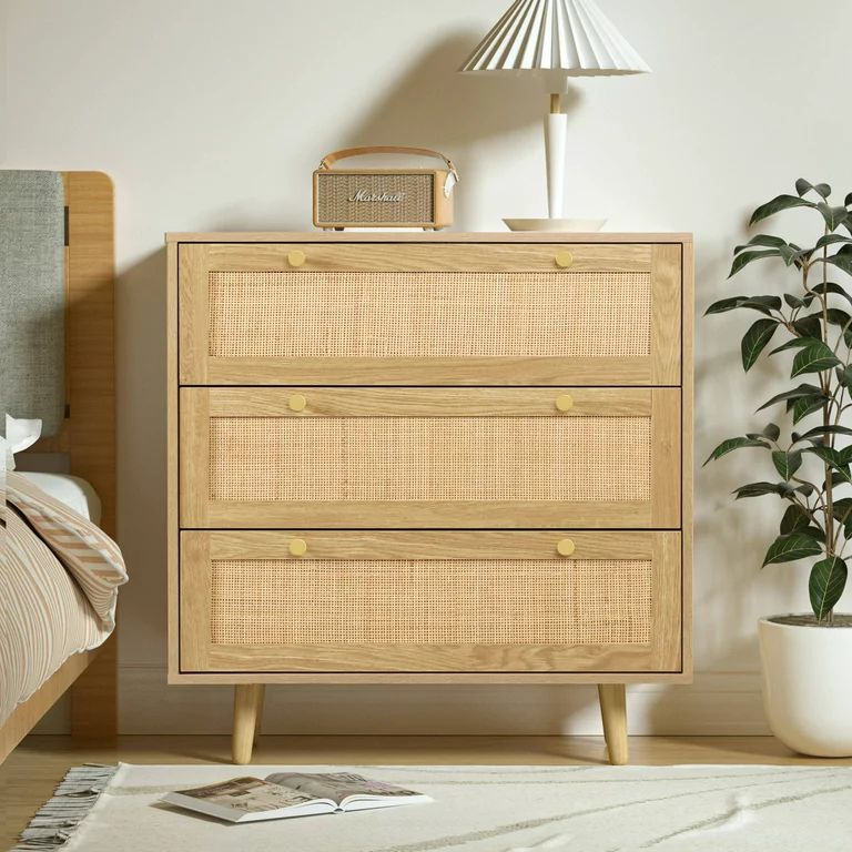 Eumyviv 3-Drawers Dressers Chest, Farmhouse Rattan Dresser Storage Cabinet Freestanding Table for... | Walmart (US)