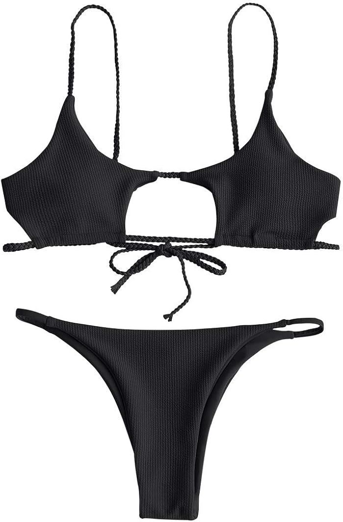 ZAFUL Womens Ribbed Braided Cut Out Bikini Set Sexy Adjustable Straps Two Piece Swimsuits | Amazon (US)