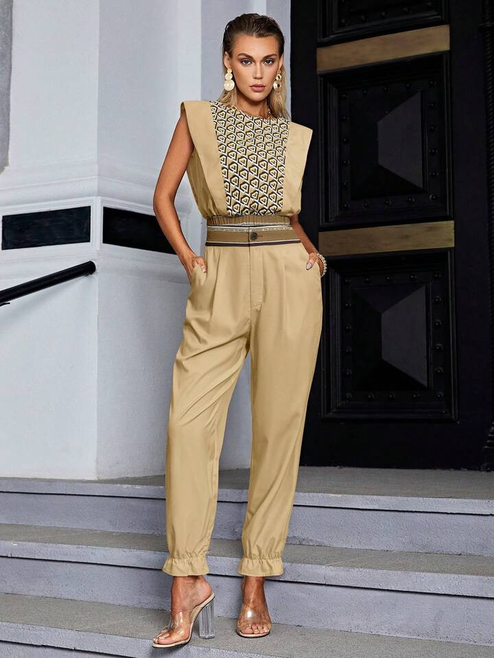 Sollinarry Geo Print Blouse & Ruffle Hem Pants | SHEIN