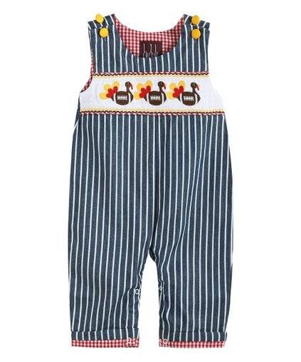 Blue Stripe Turkey Football Smocked Overalls - Infant &amp; Toddler | Zulily