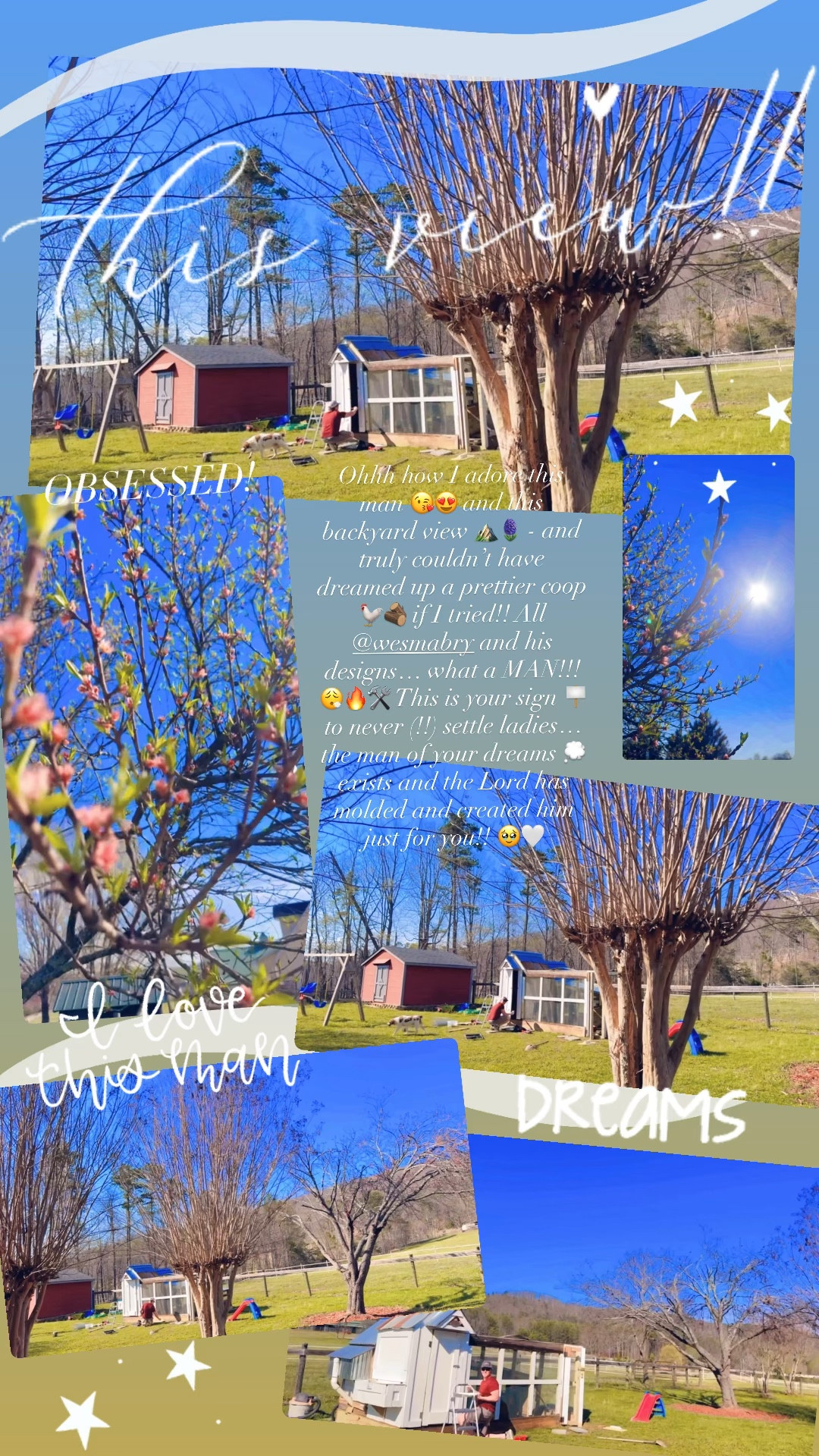 Ohhh how I adore this man 😘😍 and this backyard view ⛰️🪻 - and truly couldn’t have dreamed up a prettier coop
🐓🪵 if I tried!! All @wesmabry and his designs… what a MAN!!! 😮‍💨🔥🛠️ This is your sign 🪧 to never (!!) settle ladies… the man of your dreams 💭 exists and the Lord has molded and created him just for you!! 🥹🤍