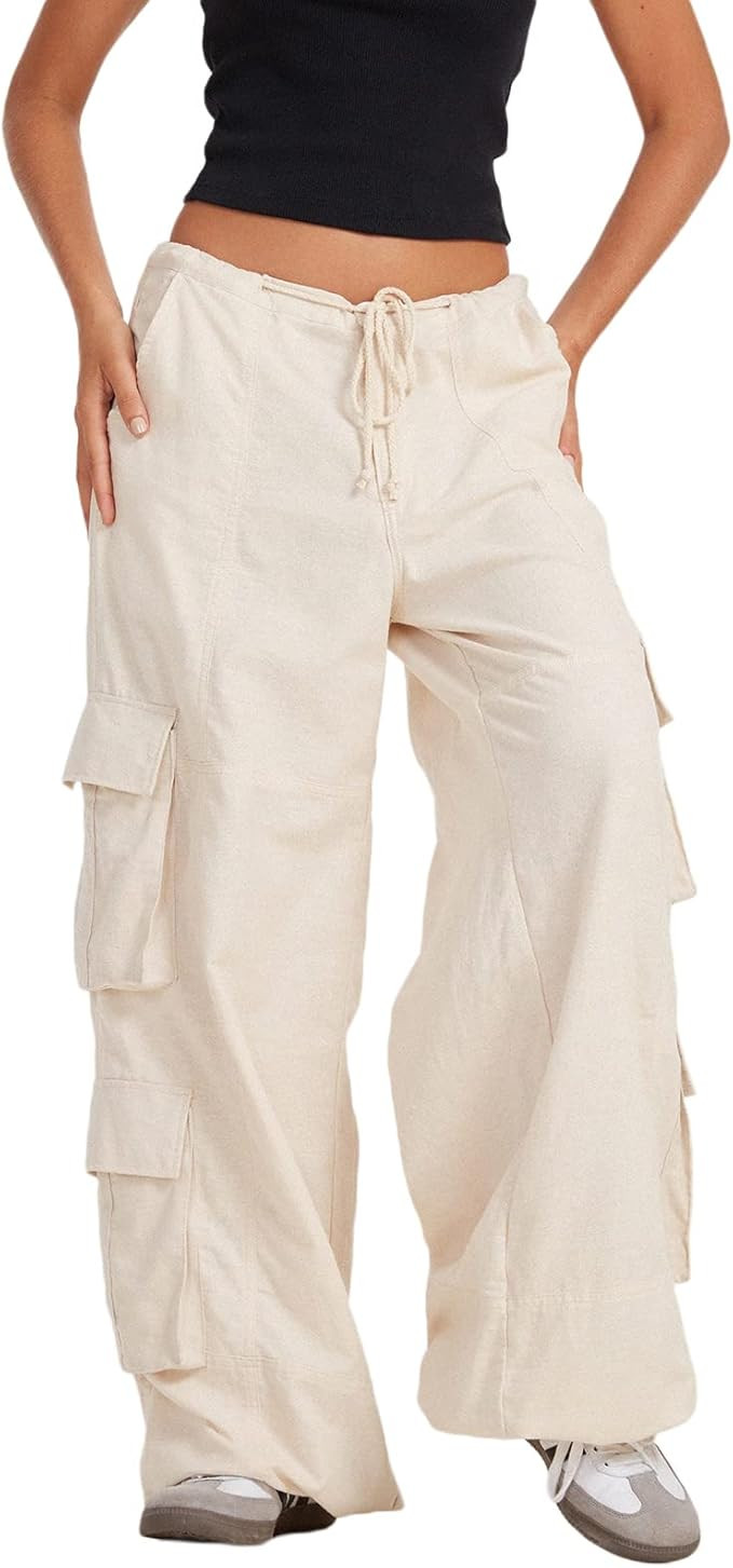IMISSILLEB Womens Baggy Cargo Pants Low Waist Wide Leg Pocket Jogger Pants Drawstring Workout Tro... | Amazon (US)