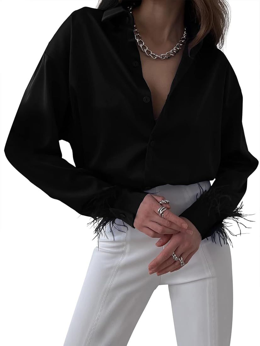 Women's Satin Silk Collar Button Down Feather Cuff Long Sleeve Blouse Shirt Top | Amazon (US)