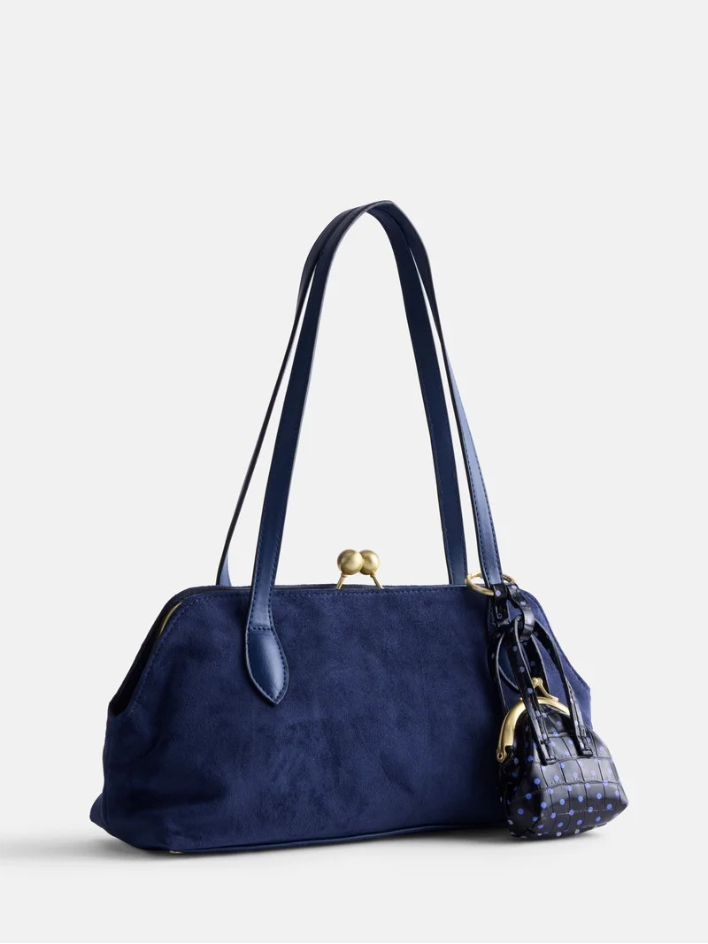 Free Assembly Women's Faux Suede Shoulder Bag with Mini Bag Charm, Navy Water | Walmart (US)