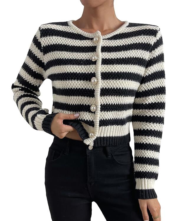 Verdusa Women's Button Front Striped Crop Cardigan Sweater Long Sleeve Knit Shrug | Amazon (US)