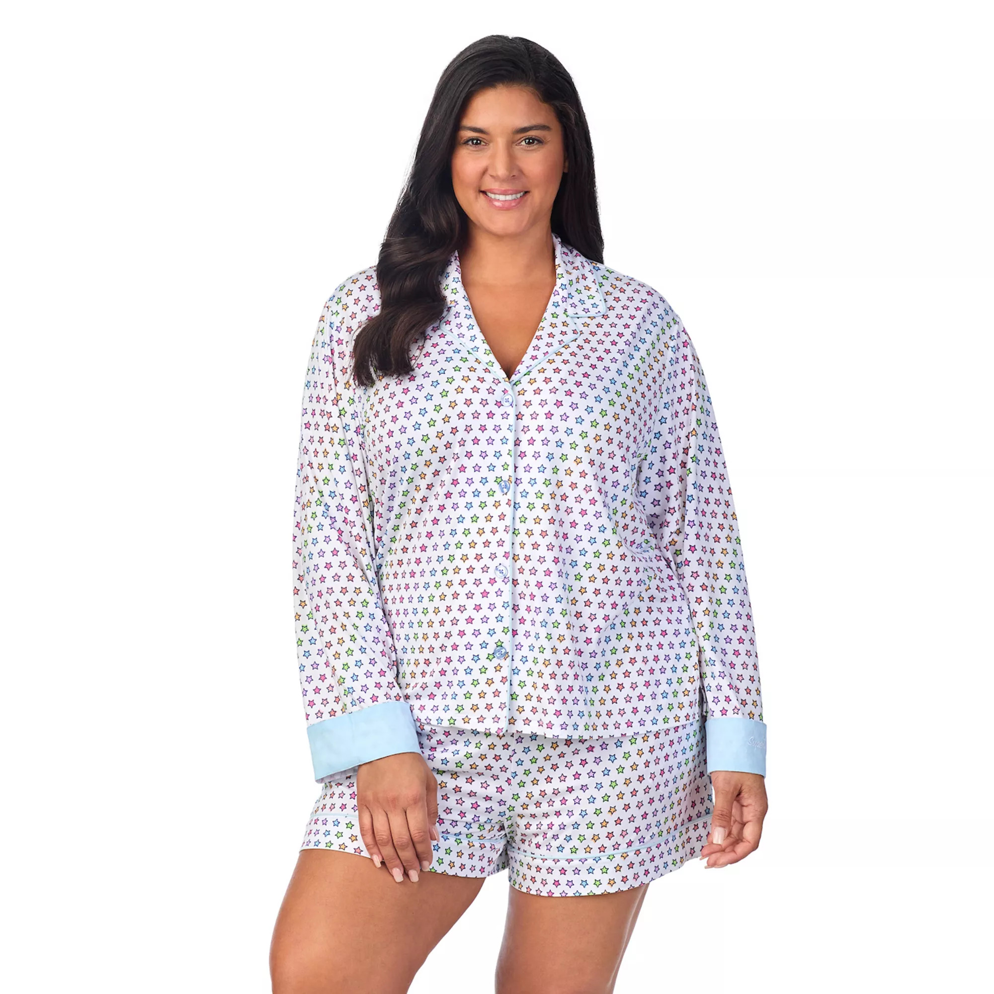 Plus Size Beauty Sleep Social Pajama Long Sleeve Notch Top & Pajama Shorts Set | Kohl's