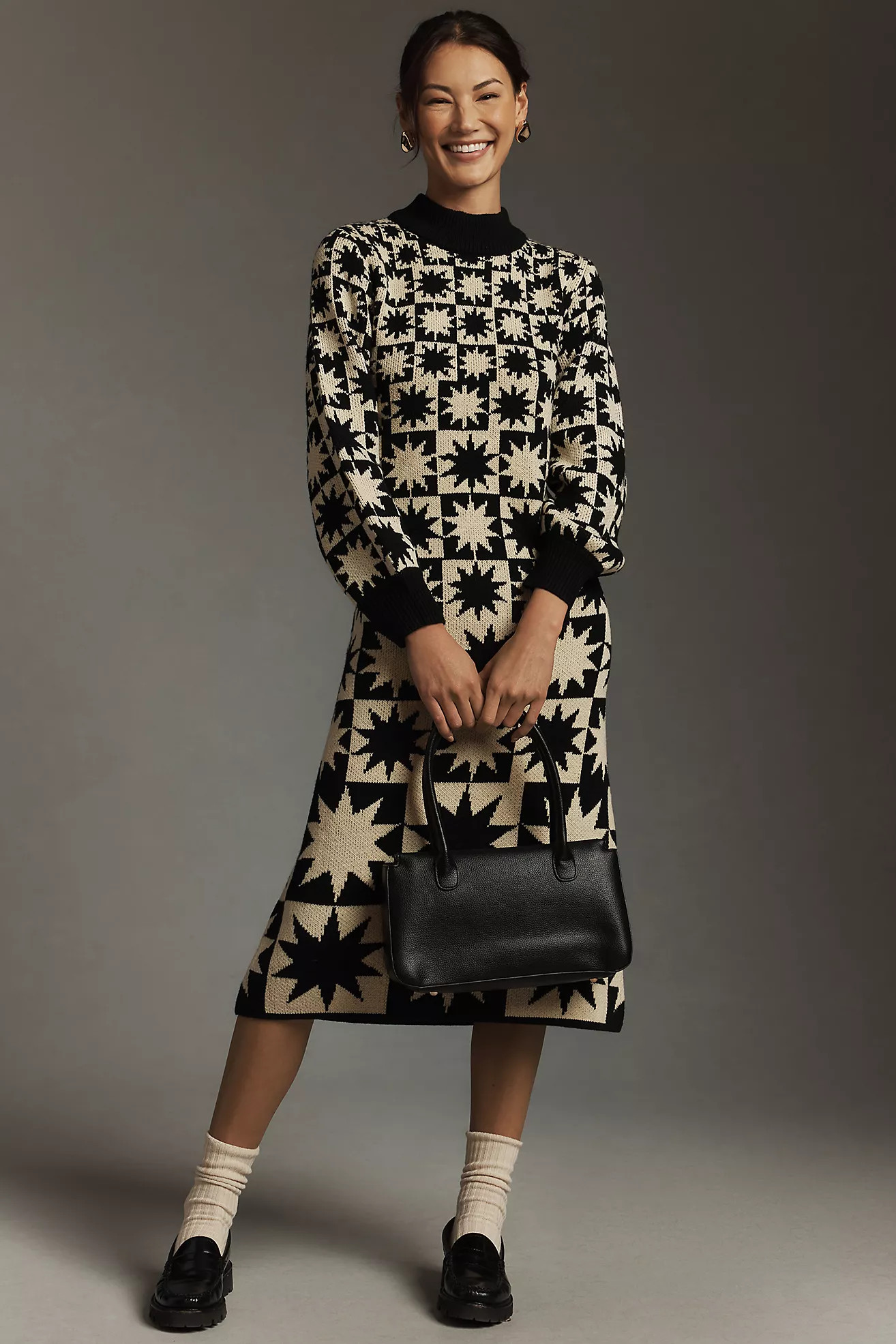 Farm Rio Long-Sleeve Mock-Neck A-Line Midi Dress | Anthropologie (US)