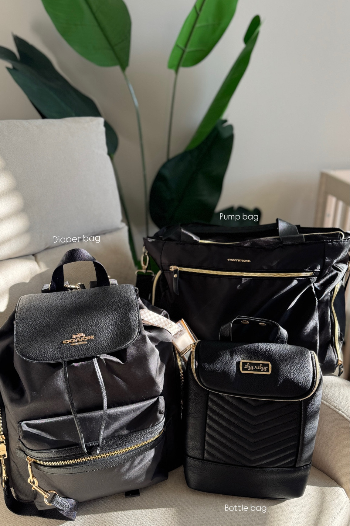 I spent a long time researching diaper, pump and bottle bag options. I wanted all of them to match, but I knew I wanted the Coach backpack, and it didn’t come with any matching bags…and it was a splurge so I wanted to save on the pump + bottle bags. Although I have yet to see how they all hold up, I’m very impressed with all three. The pump bag has THREE pumps in it already along with bottles and accessories. So much fits inside. And I’m really happy with how all the blacks/golds match eachother. 

#LTKBump #LTKBaby #LTKItBag