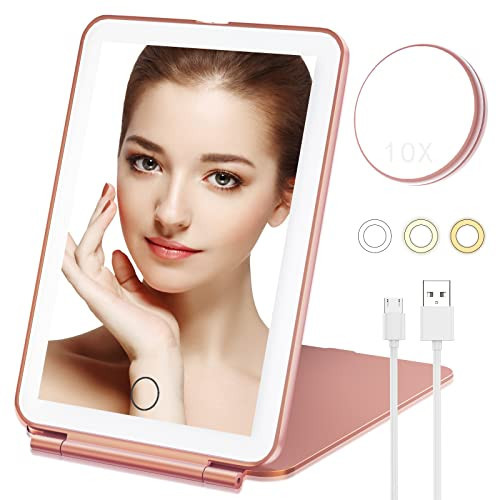 Mecion Makeup Mirror with 10X Magnifying Mirror, Vanity Mirror with 80 LED Lights, Compact LED Mirror, Portable Cosmetic Mirror with 3 Color Lights, Travel Accessories for Women (Rose Gold) | Amazon (US)