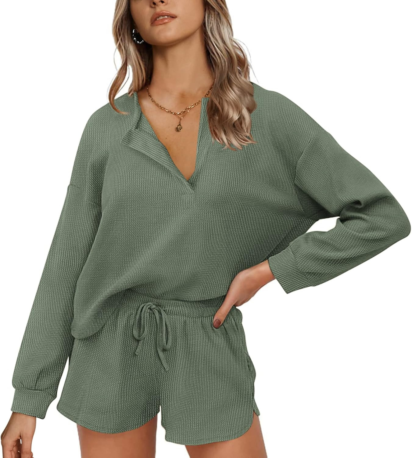 Ekouaer Pajamas Womens Waffle Knit Lounge Set Long Sleeve Top and Shorts 2 Piece Loungewear Outfi... | Amazon (US)