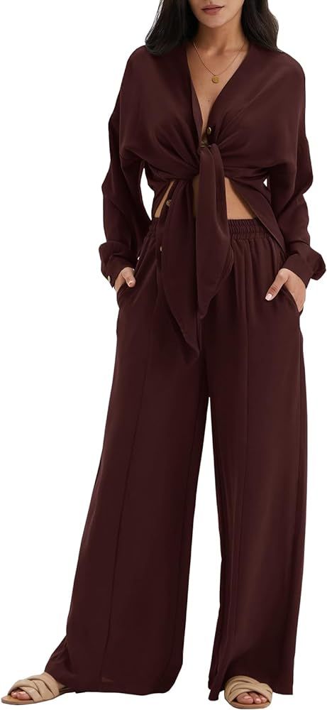 DEEP SELF Womens 2 Piece Outfits Casual Long Sleeve Slit Hem Button Down Shirt Wide Leg Long Pant... | Amazon (US)