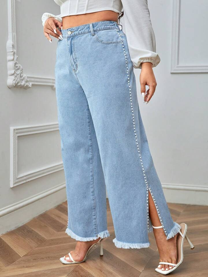 Plus High Waist Pearls Beaded Split Raw Hem Wide Leg Jeans | SHEIN